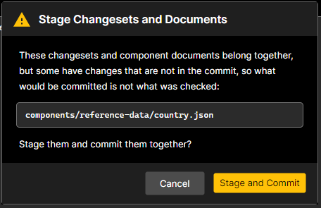 Stage Changesets and Documents, listing components/reference-data/country.json to commit with its changeset