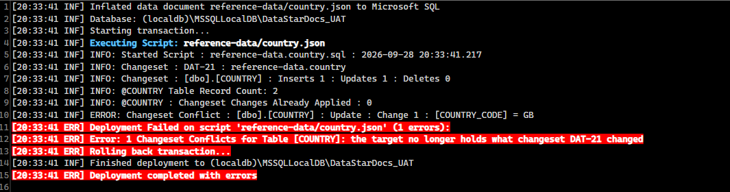 Deployment log: the changeset conflict on GB stops the deployment and the transaction is rolled back
