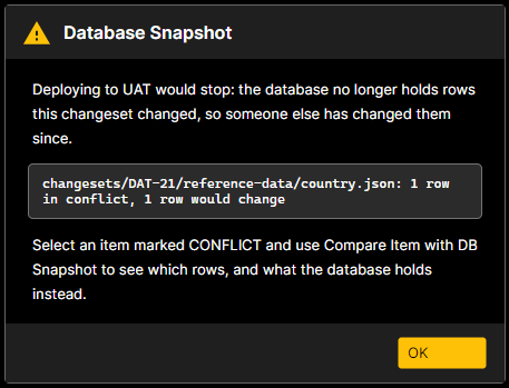 Database Snapshot notice: deploying to UAT would stop, country.json has 1 row in conflict