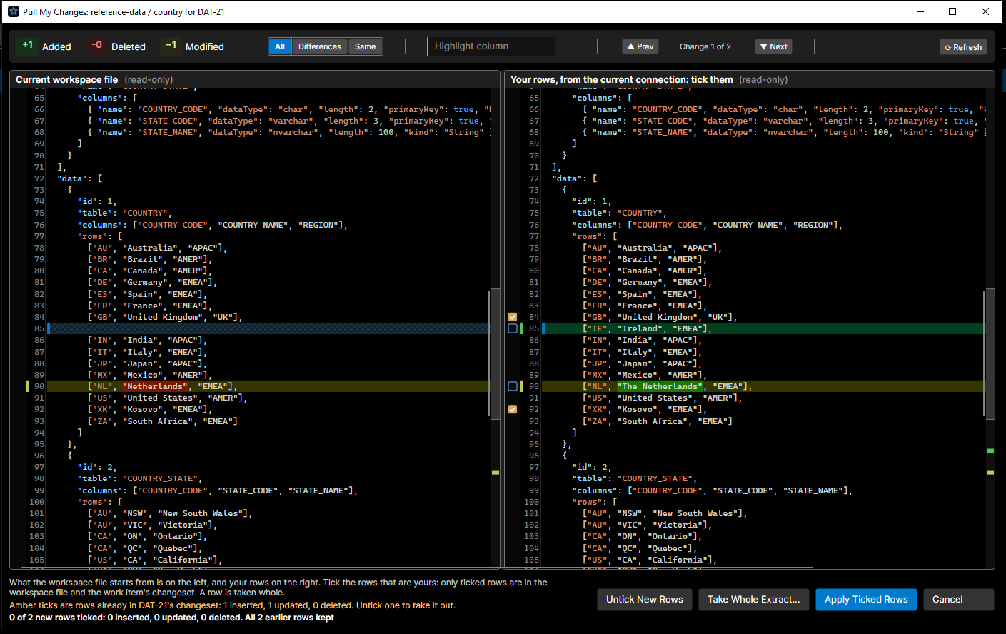 Row picker on a second pull: two new rows unticked, the changeset's earlier rows ticked in amber