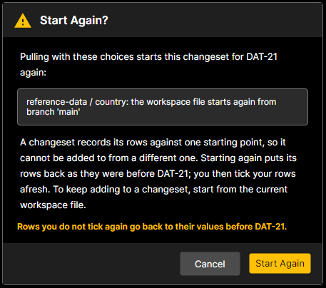 Start Again? confirmation for reference-data / country, starting again from branch main